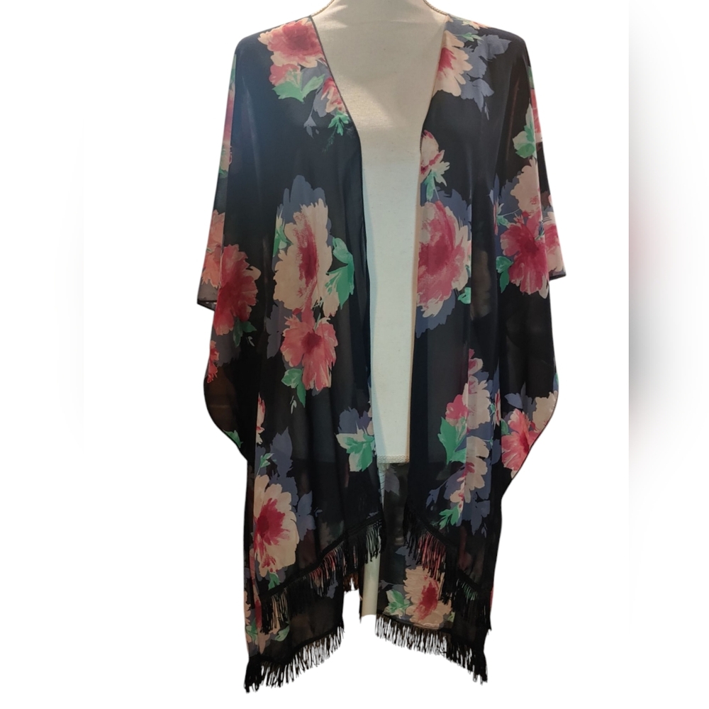 Floral Kimono with Fringe Navy With Pink And Red Flowers One Size